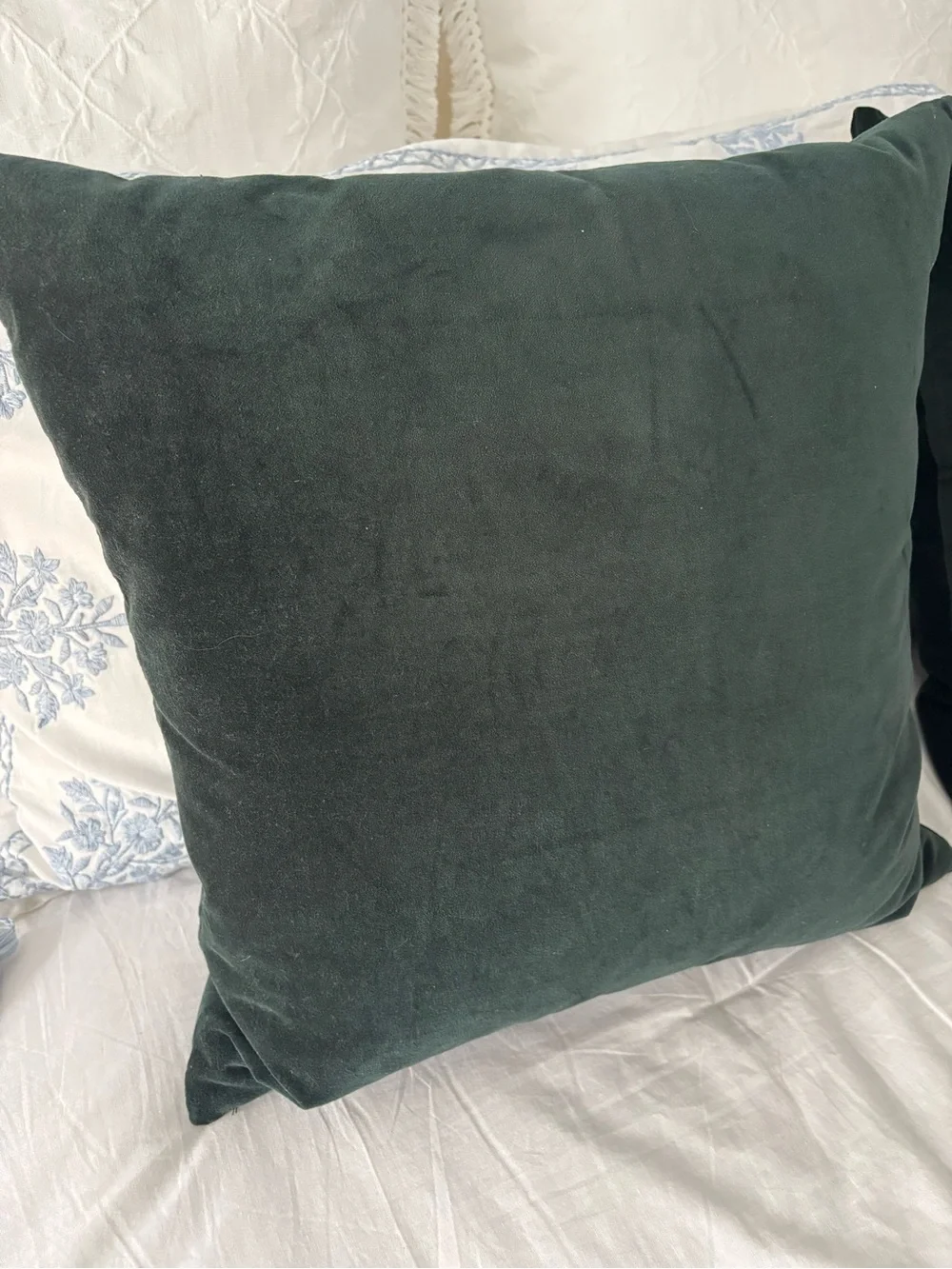 IKEA “Sanela” dark green cotton velvet pillow covers with “Fjadrar” inserts
